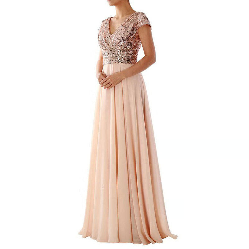 Summer Dress V neck Sequ Chiffon Stitching Evening Maxi Dress by Ragazza