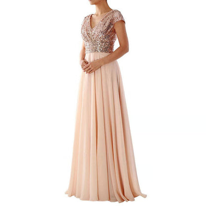 Summer Dress V neck Sequ Chiffon Stitching Evening Maxi Dress by Ragazza