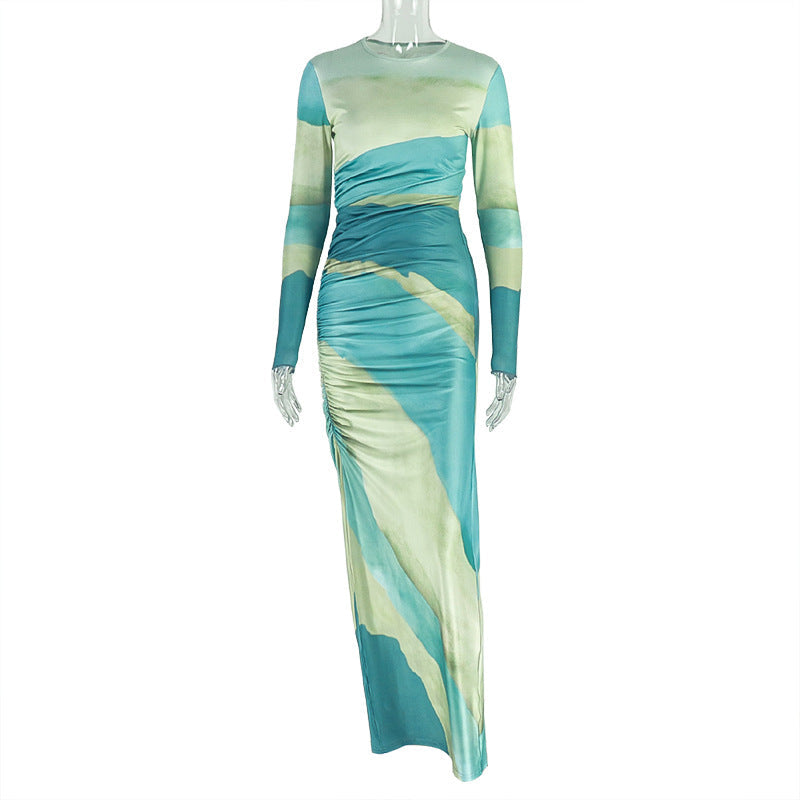 Women Commuting Wear Printed Pleated Drawstring Slim Fit Hip round Neck Long Sleeve Design Dress by Ragazza