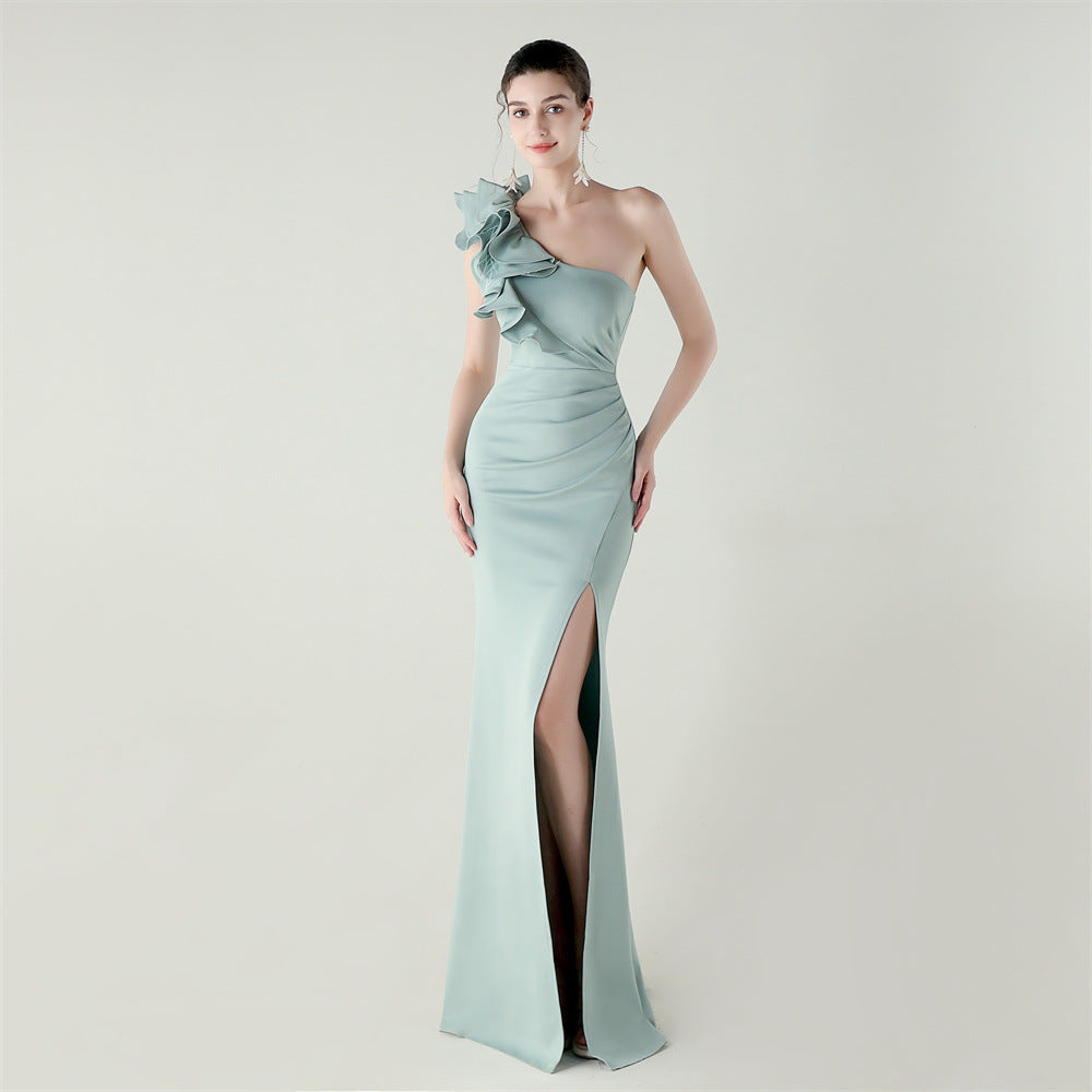 One Shoulder Craft Wave the Craft of Design Gross Satin High Slit Sexy Evening Dress Dinner Party Wedding Social Networking by Ragazza