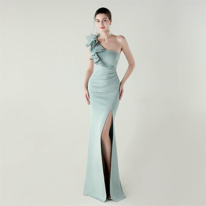 One Shoulder Craft Wave the Craft of Design Gross Satin High Slit Sexy Evening Dress Dinner Party Wedding Social Networking by Ragazza