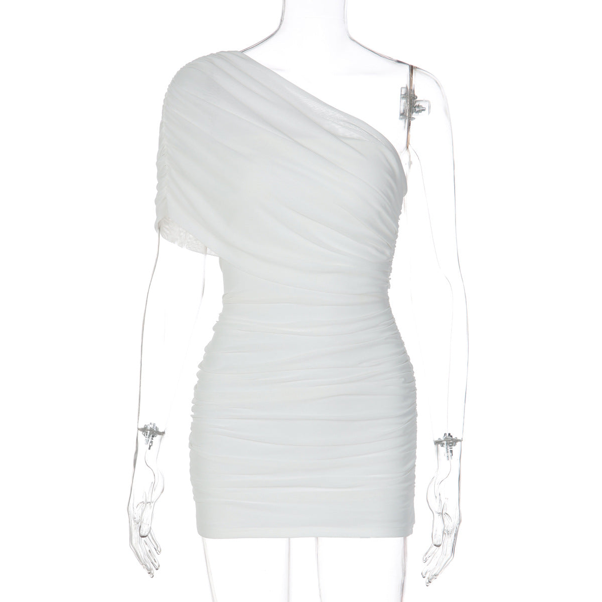 Fall Solid Color Sexy Trend Oblique Shoulder Pleated Mesh Dress by Ragazza