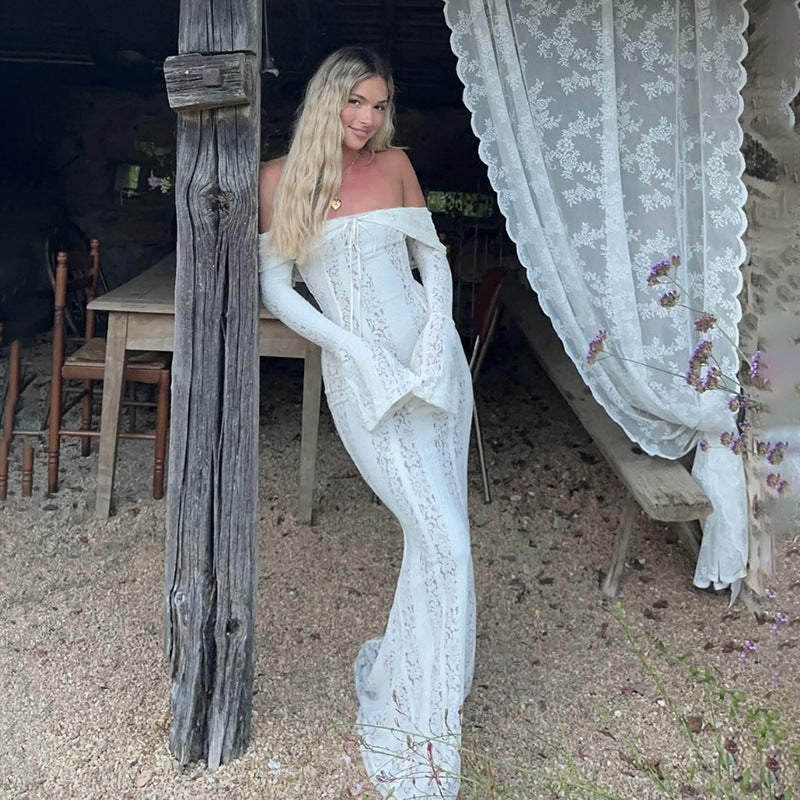 Autumn Winter Women Clothing off Neck Sexy Long Sleeve off Shoulder Lace Hollow Out Cutout out Slim Fit Fishtail by Ragazza