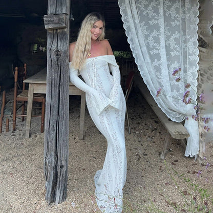 Autumn Winter Women Clothing off Neck Sexy Long Sleeve off Shoulder Lace Hollow Out Cutout out Slim Fit Fishtail by Ragazza