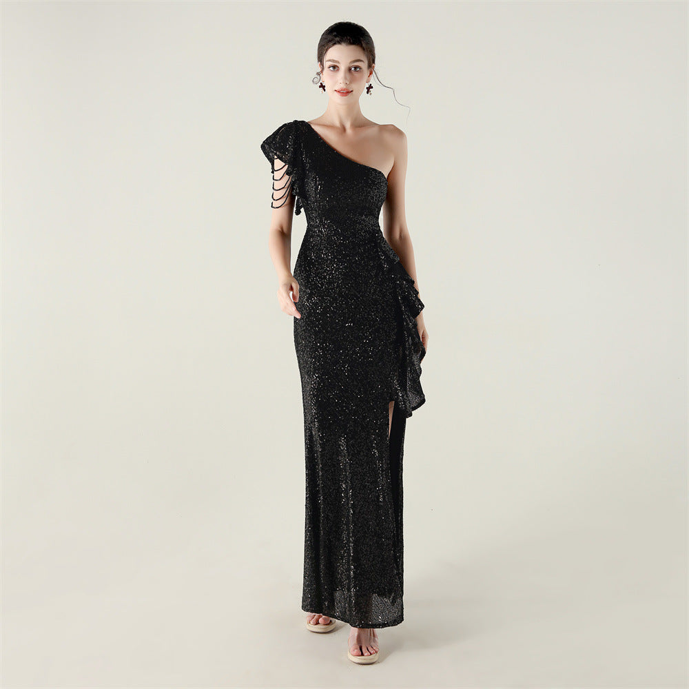 One Shoulder Ruffles Embellished Beaded Chain Handmade Sequined Evening Dress Cocktail Party Wedding by Ragazza