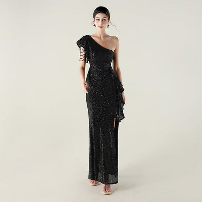 One Shoulder Ruffles Embellished Beaded Chain Handmade Sequined Evening Dress Cocktail Party Wedding by Ragazza