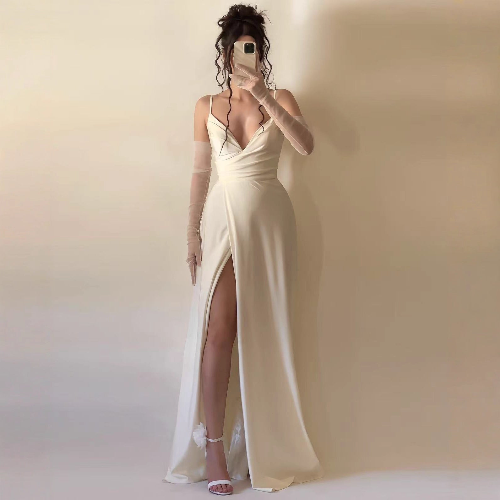 Autumn Winter Elegant Sexy Sling Slit V neck Pleated Ball Dress  DestGlow