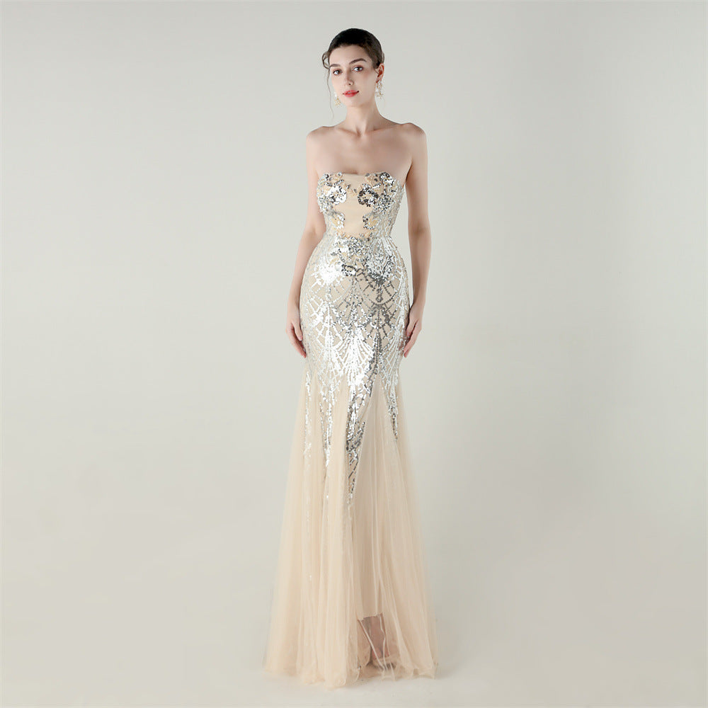 Tube Top Cross Strap Beaded Tube Floral Sequin Mesh Evening Dress Cocktail Wedding Social Elegant Clothing by Ragazza