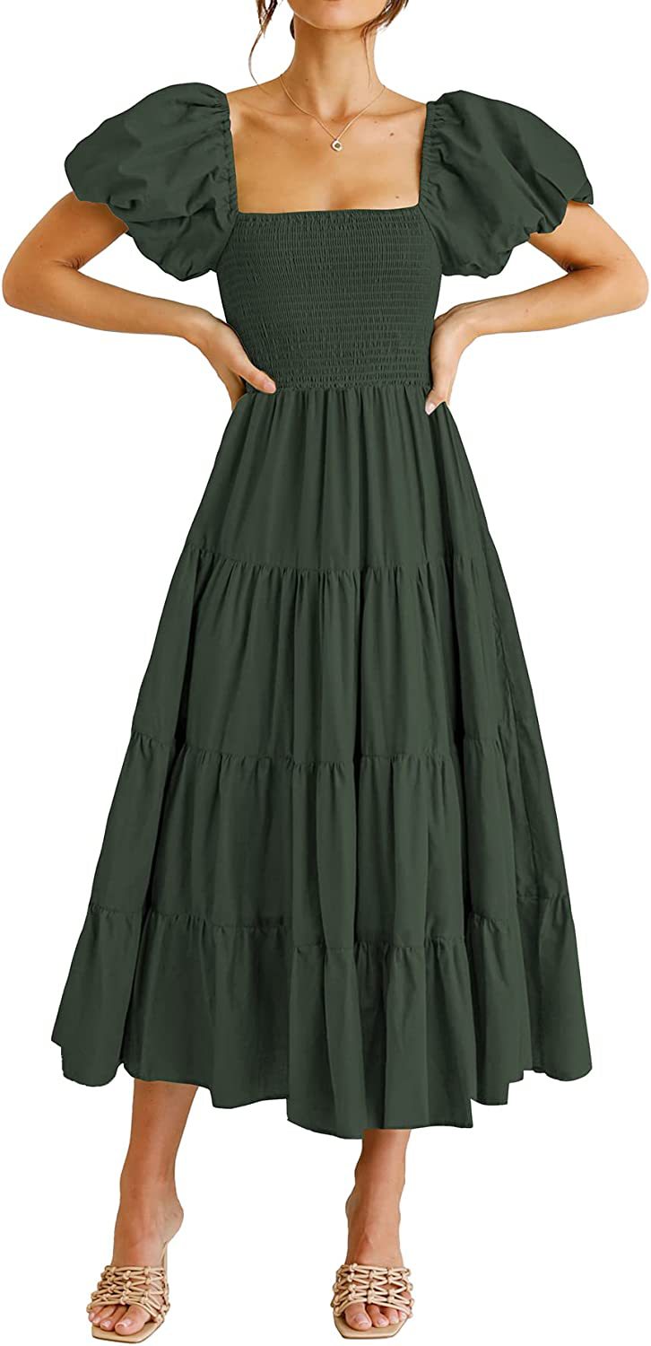 Summer Women Clothing Square Collar Backless Puff Sleeve Pleated Short Sleeves Dress by Ragazza