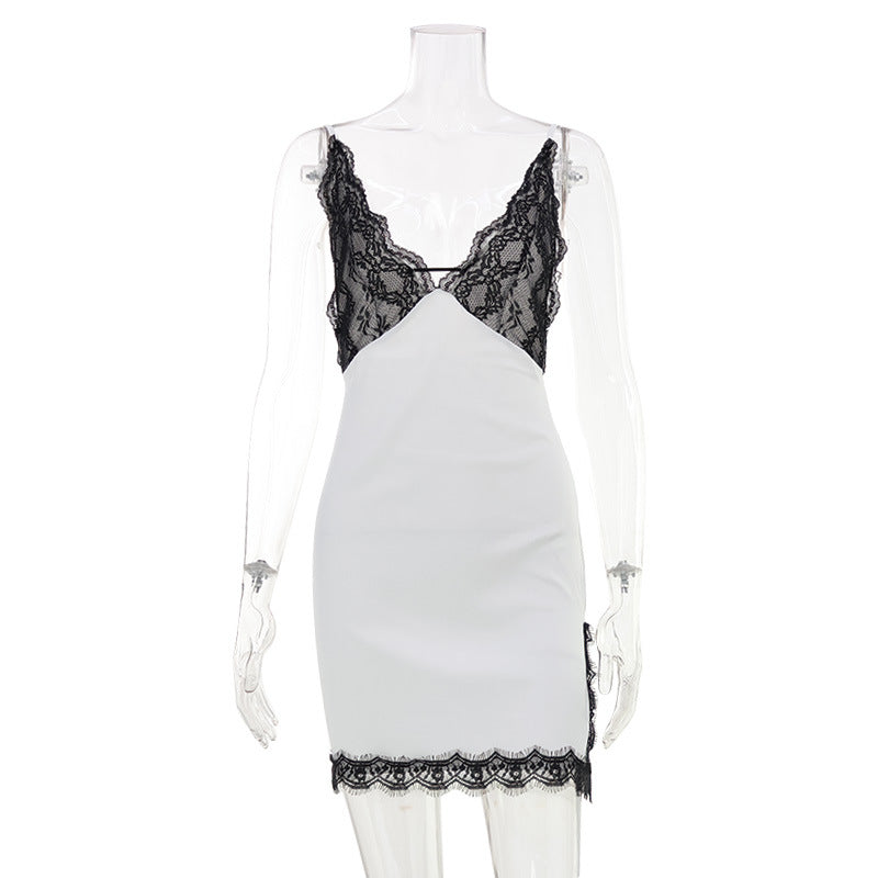 Sexy Deep V Plunge neck Lace Dress Elegant Slim Fit Short Dress  DestGlow