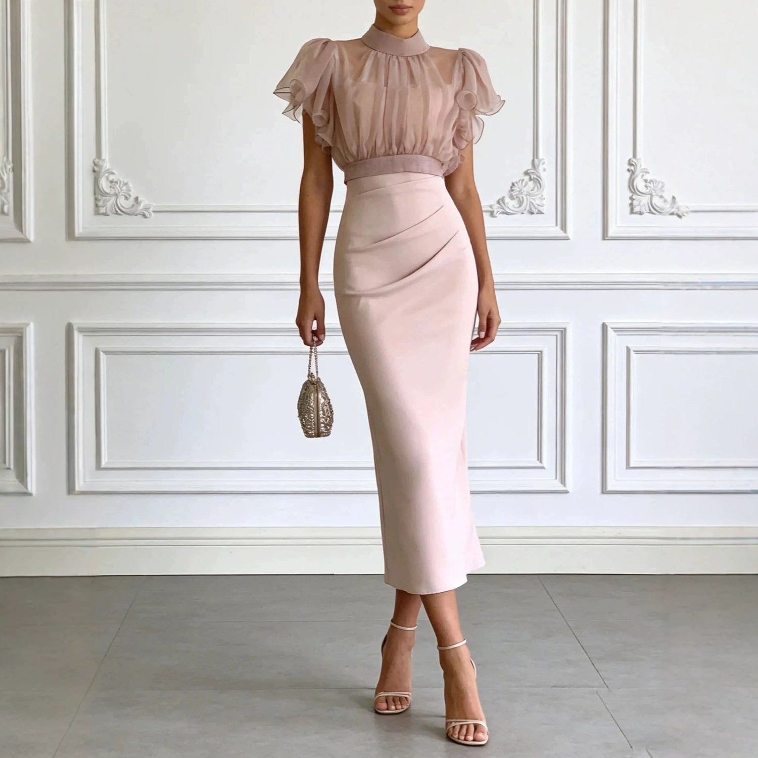 Fashionable Sheer Mesh Lace up Waist Controlled Top Strap Sheath Dress  DestGlow