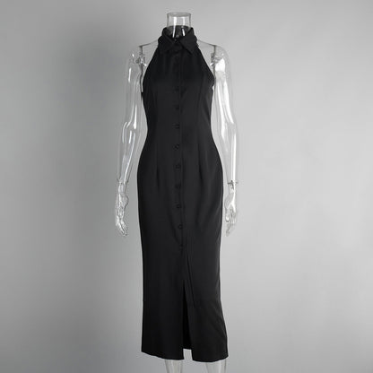 Simple Slit Maxi Dress Summer Polo Collar Sleeveless Dress Women by Ragazza