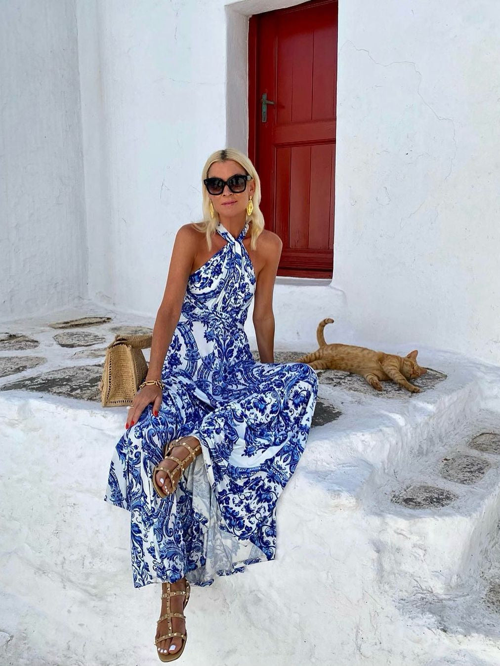 Dress Internet Celebrity Same Print Backless Halter Maxi Dress Dress Women by Ragazza