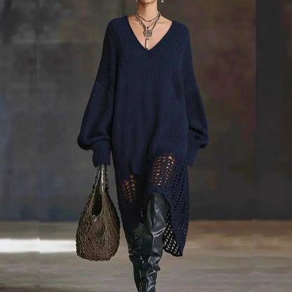 V neck Knitted Dress Irregular Asymmetric Hem Hollow Out Cutout out Loose Dress by Ragazza