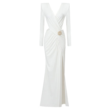 White Long Sleeve Pleating Hollow Out Cutout Cross Dress V Neck Metal Waist Women Clothing by Ragazza