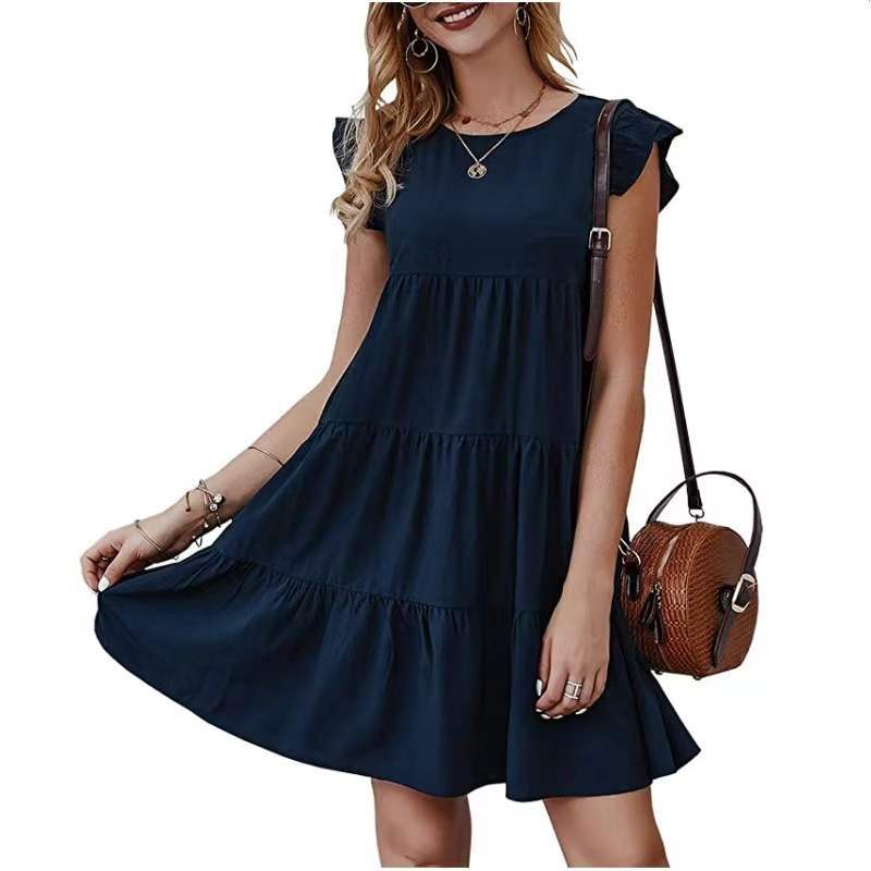 Summer Solid Color round Neck Short Sleeves Dress Casual Tiered Dress Pleated Large Swing Dress by Ragazza