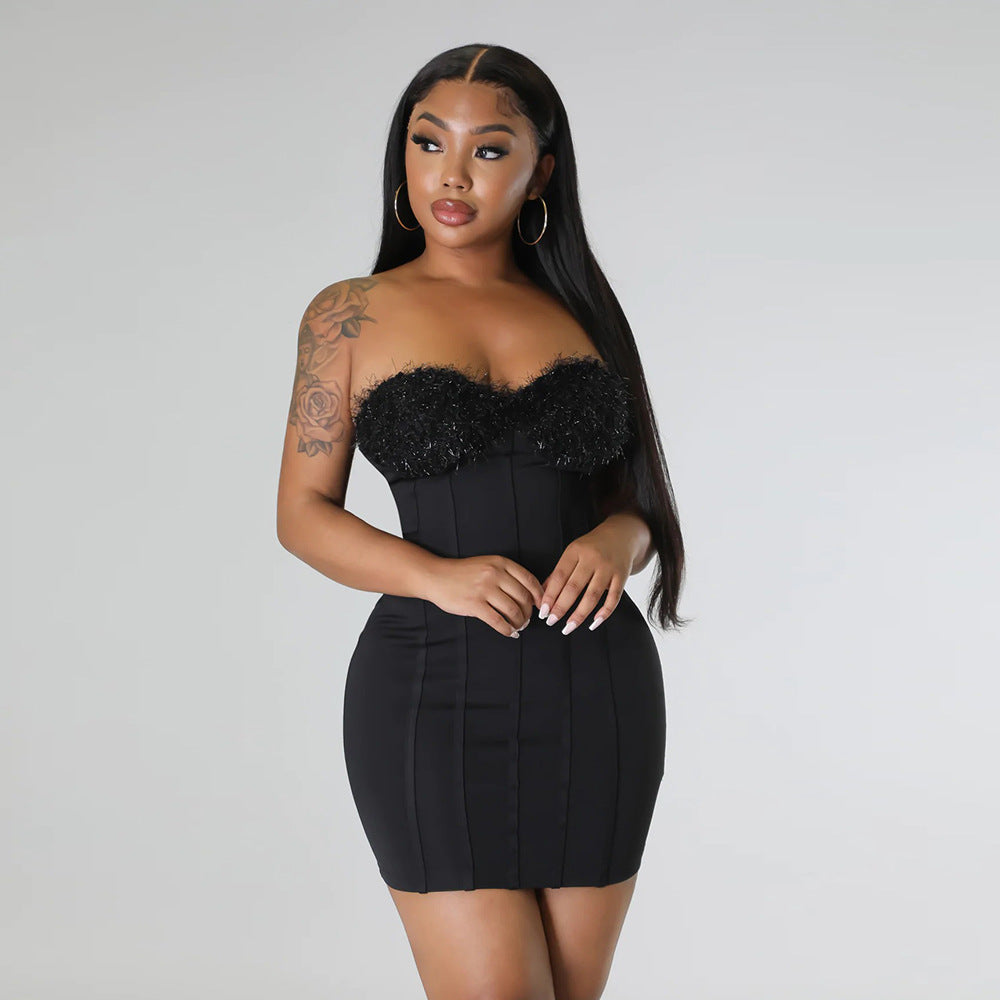 Christmas Autumn Winter Sexy Tube Top Cinched Waist Sheath Small Waistcoat Coat Two Piece Dress Women by Ragazza