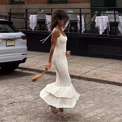 Hollow Out Cutout out Camisole Women Sexy Bohemian Beach Wooden Ear Knitted Sling Tiered Ruffle Maxi Dress Women by Ragazza