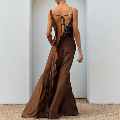 Summer Slim Fit Maxi Dress Autumn Casual Strap Satin Dress for Women  DestGlow