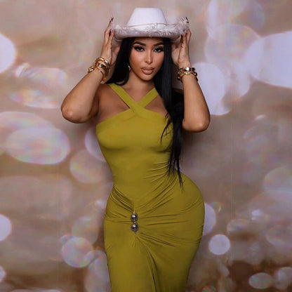 Autumn Winter Women Clothing Cross Halter Solid Color Pleated Waist Tight Slimming Fishtail Dress by Ragazza