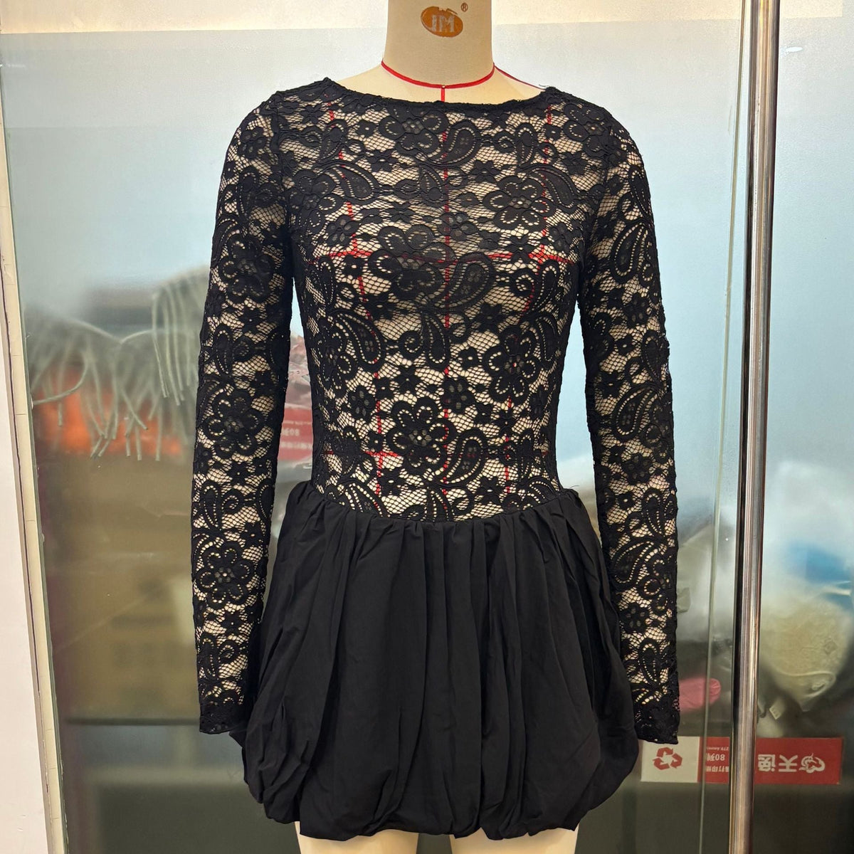 Women Lace Long Sleeve Ladies Dress round Neck Stitching Tutu Dress  DestGlow