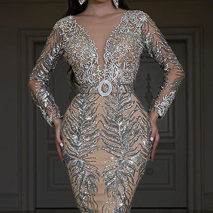 Women Clothing Dress Bronzing Long Sleeve Slim Sexy Fishtail Mopping Evening Dress by Ragazza
