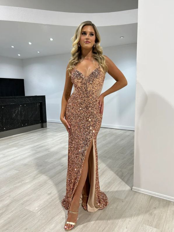 Sequined Split Sexy Sling Dress Waist Controlled Cocktail Dress Slim Fit Maxi Dress by Ragazza