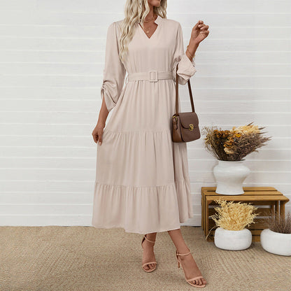 Office Casual Simple Elegant Stand Collar Long Sleeve Solid Color Maxi Dress with Belt  DestGlow
