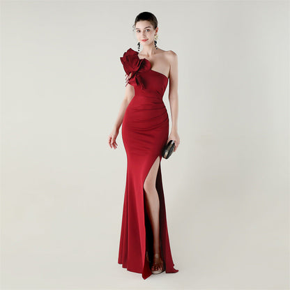 One Shoulder Craft Beading Wave Floral Satin High Slit Sexy Evening Dress Dinner Party Wedding Social by Ragazza