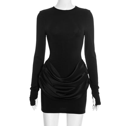 Women Clothing Autumn Winter Solid Color Elegant Casual Slim Fit round Neck Long Sleeves Pleated Short Dress by Ragazza