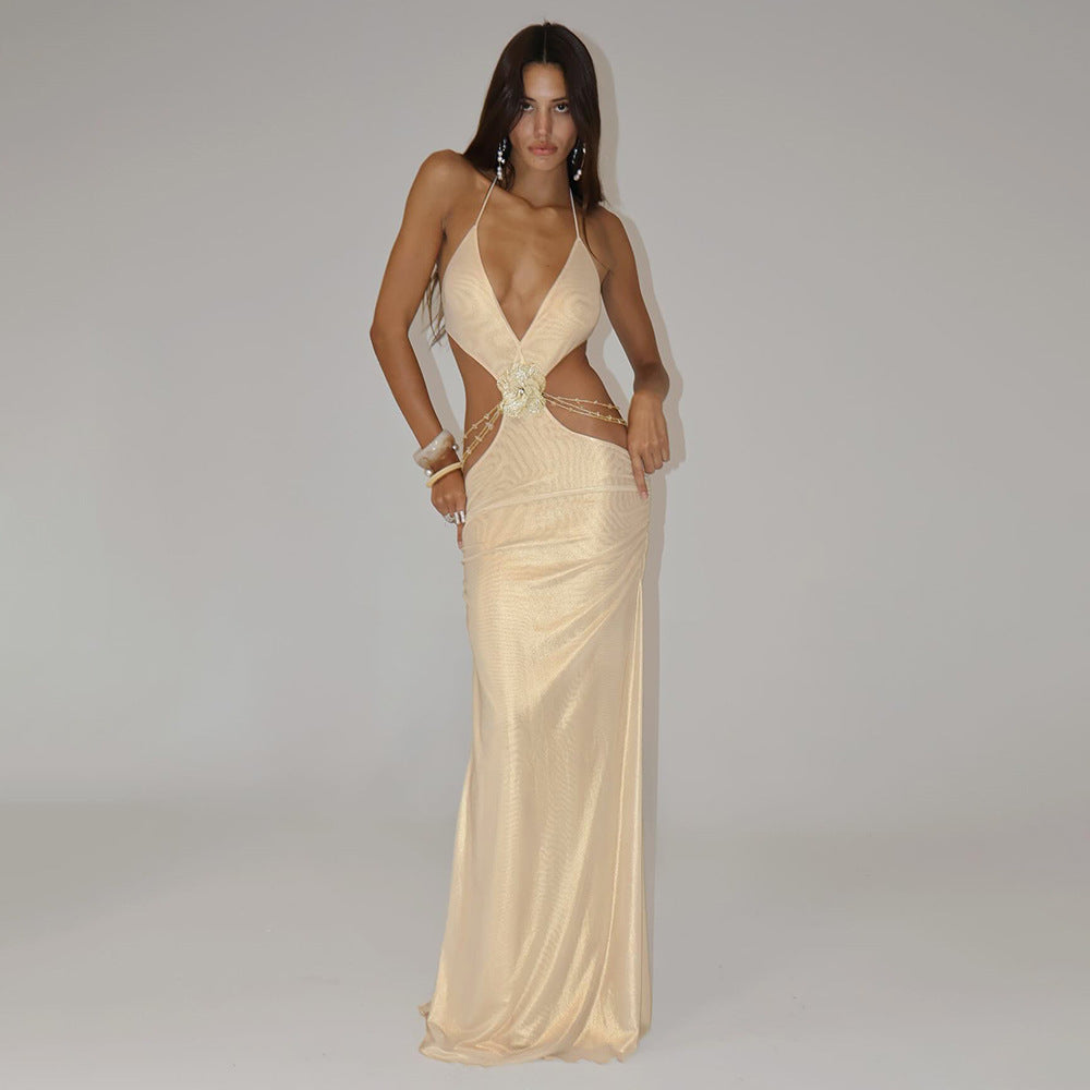 Summer Solid Color Street Hipster Deep V Plunge Halter Backless Slim Fit Dress by Ragazza