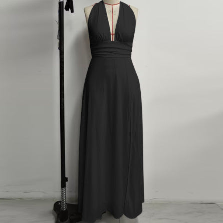 Elegant Halter Lace up Chiffon Dress Sexy Sexy Deep V Plunge neck Backless Slit Formal Dress Maxi Dress by Ragazza