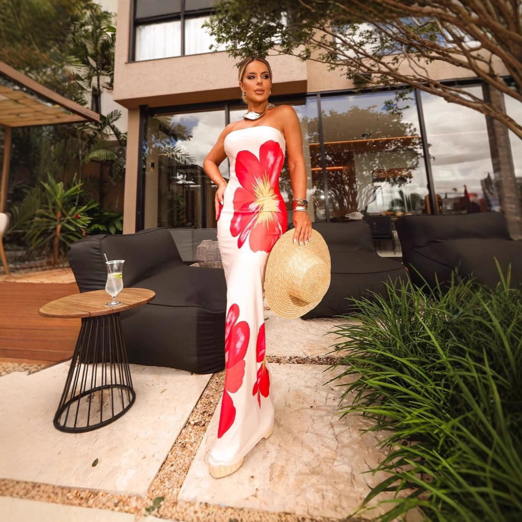 Summer Women Casual Tube Top Printed Long Vacation Dress by Ragazza