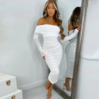 Women Spring Solid Color Sexy Slim Party Long Sleeve off Shoulder Pleated Early Spring Dress by Ragazza