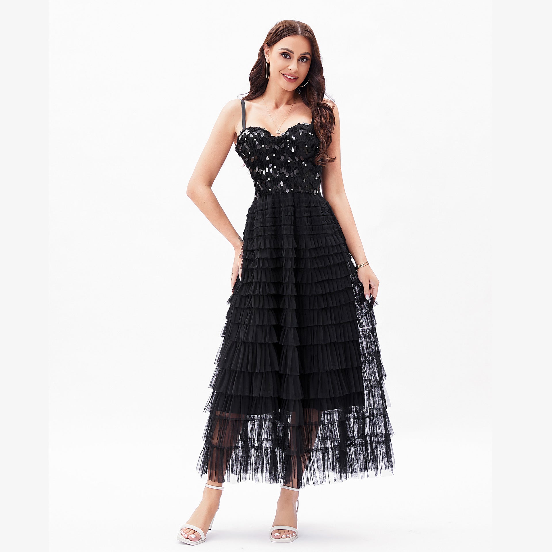 Sexy Socialite High Sense Black Paillette Beauty Back Underwear One Piece Dress Boning Corset Sling Multi-Layer Tiered Dress by Ragazza