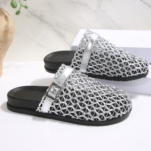 Weaving Hollow Out Cutout Thick Bottom Toe Cap Mules Slippers Women Outer Wear Breathable Belt Buckle Beach Slippers  DestGlow