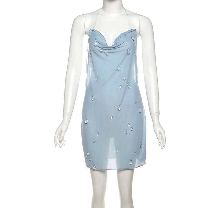 Summer Women Clothes Sexy Halter Three Dimensional Water Drop Decorative Sheath Short Dress by Ragazza
