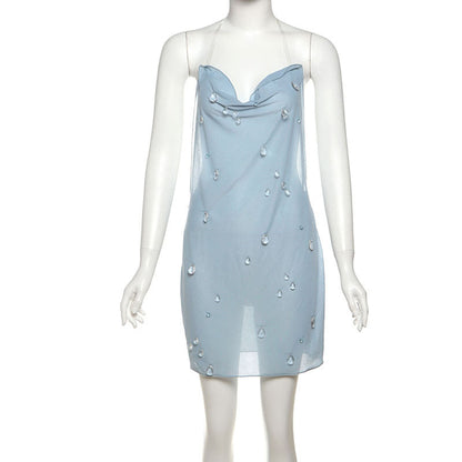 Summer Women Clothes Sexy Halter Three Dimensional Water Drop Decorative Sheath Short Dress by Ragazza