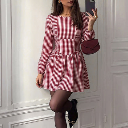 Christmas French Vintage Backless Bow Plaid Dress  DestGlow
