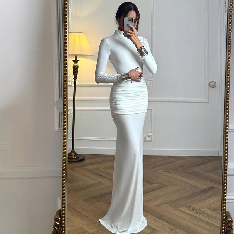Women Clothing Autumn Solid Color Long Sleeve Slim Fit Fishtail Dress Button Backless Dress Women by Ragazza