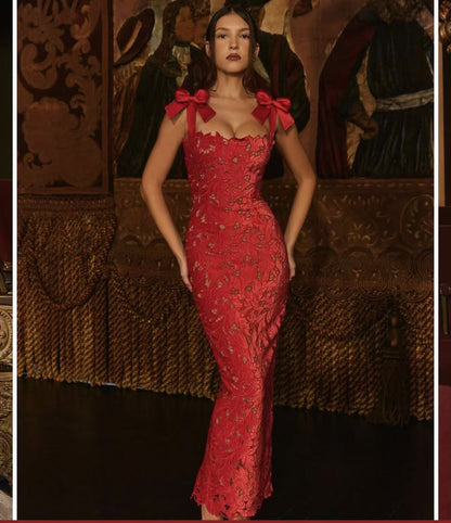 Spring Summer Entry Lux Bow High Sense Embroidered Hollow Out Cutout Sheath Dress by Ragazza
