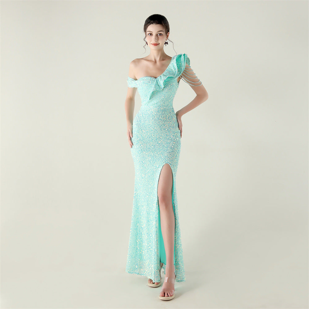 One Shoulder Pleated Ruffled Embellished Beaded Chain Sequined Evening Dress Cocktail Wedding Red Carpet by Ragazza