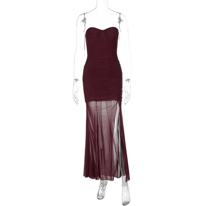 Mesh Stitching Dress Summer Women Clothing Split Sexy Bandeau Slim Fit Women Dress by Ragazza