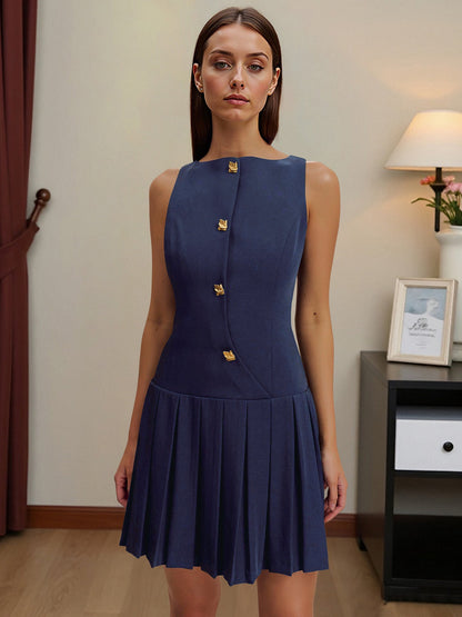 Spring Summer Simple Women Clothing Personalized Wide Hem Pleated Waist Tight Solid Color Sleeveless Short Dress by Ragazza