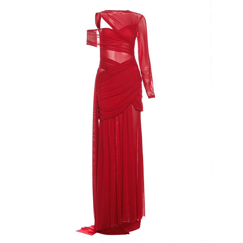 Autumn Sexy Slim Fit See through Irregular Asymmetric Ribbon Solid Color Dress Women by Ragazza