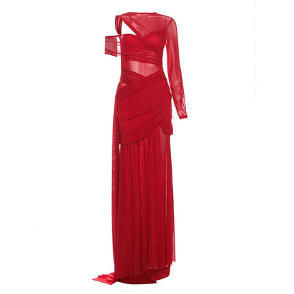 Autumn Sexy Slim Fit See through Irregular Asymmetric Ribbon Solid Color Dress Women by Ragazza