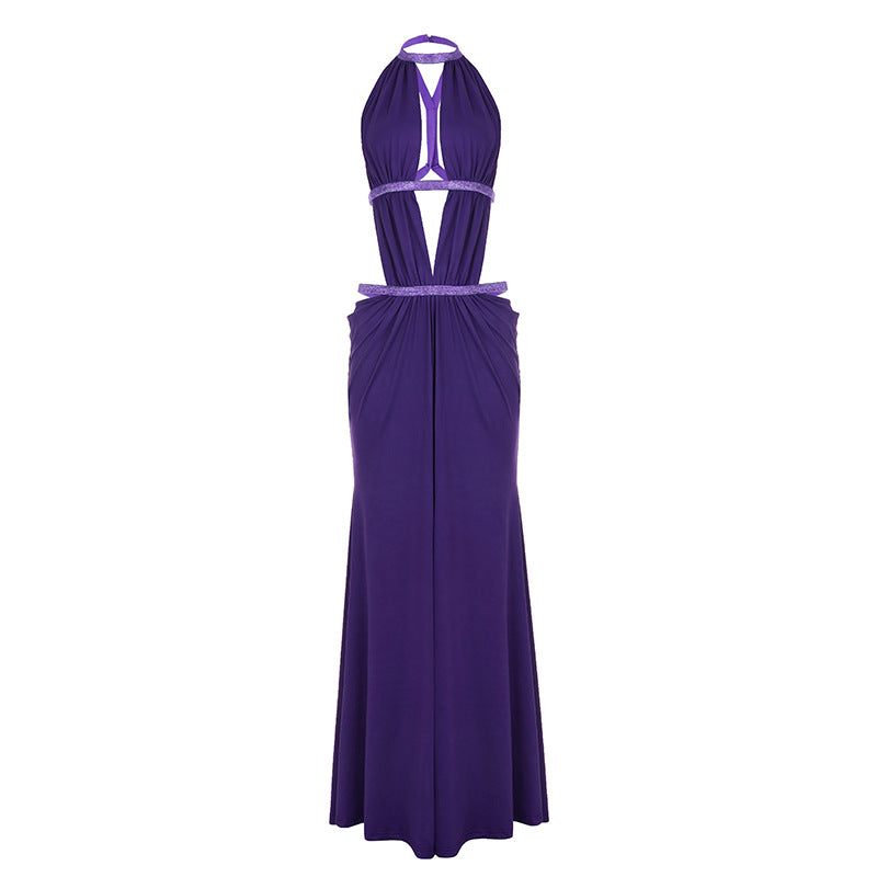 Solid Color Stitching Hollow Out Cutout Backless Sequ Dress Net Women Yarn Vacation Maxi Dress by Ragazza