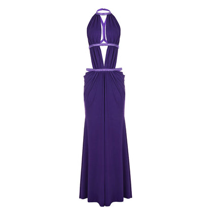 Solid Color Stitching Hollow Out Cutout Backless Sequ Dress Net Women Yarn Vacation Maxi Dress by Ragazza