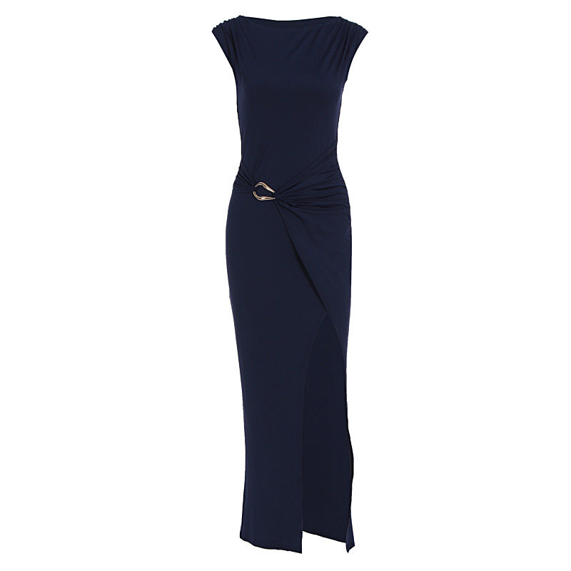 Summer Women Solid Color round Neck Slim Slimming Slit Dress by Ragazza