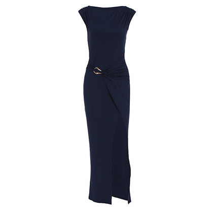 Summer Women Solid Color round Neck Slim Slimming Slit Dress by Ragazza